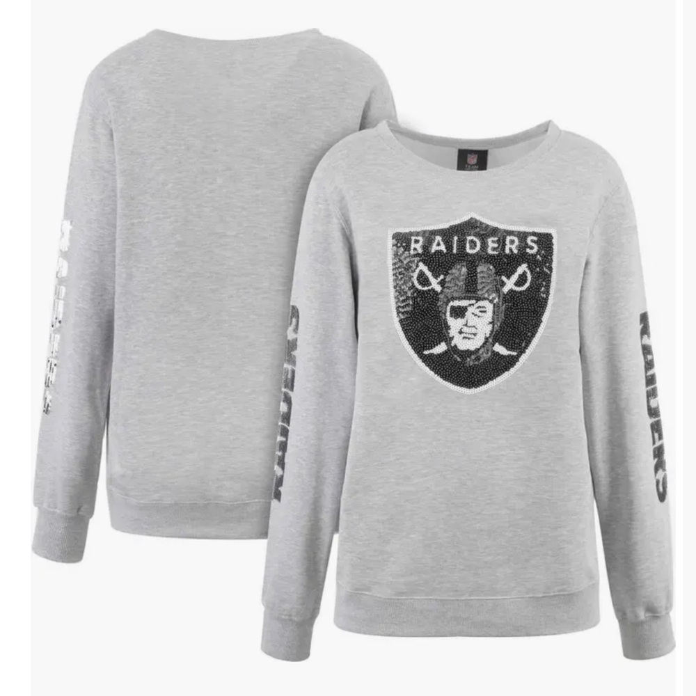 Women's Heather Gray Las Vegas Raiders Sequined Logo Pullover Sweatshirt Small
